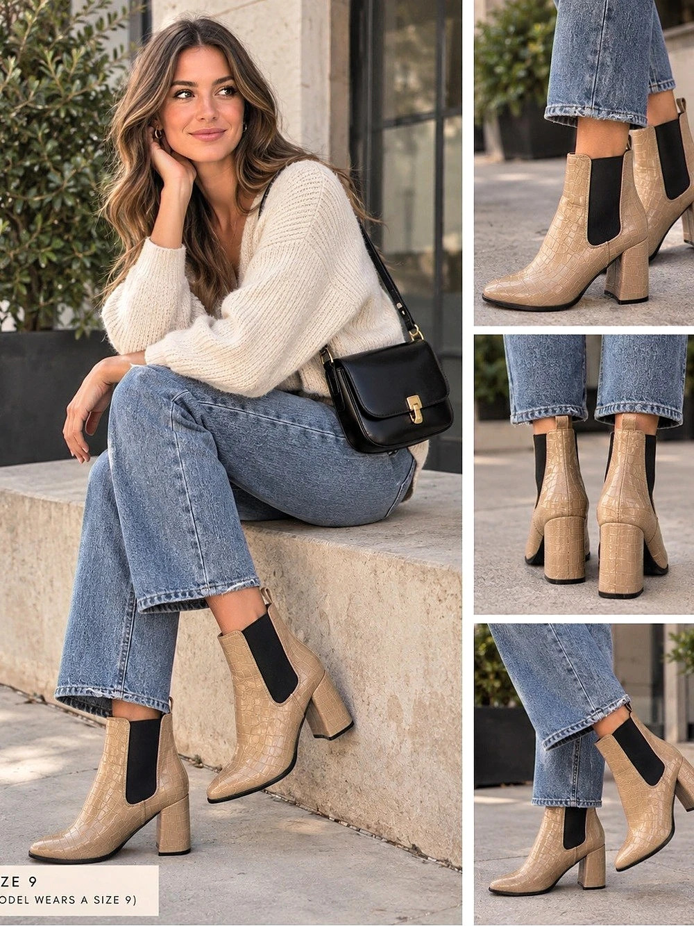Crocodile-Texture Heeled Ankle Boots in Tan Like New